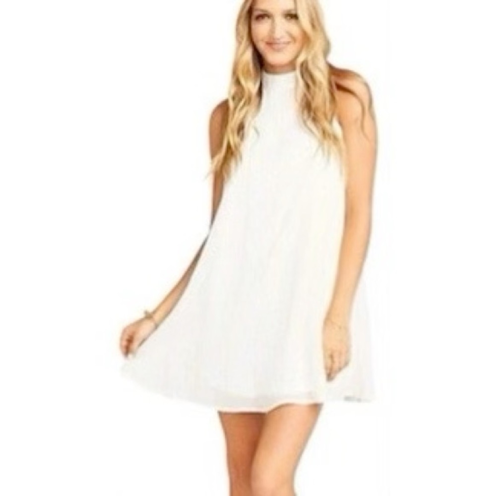 SHOW ME YOUR MUMU Deep V-Right Back White Gold Stripe Mini Dress Size S
